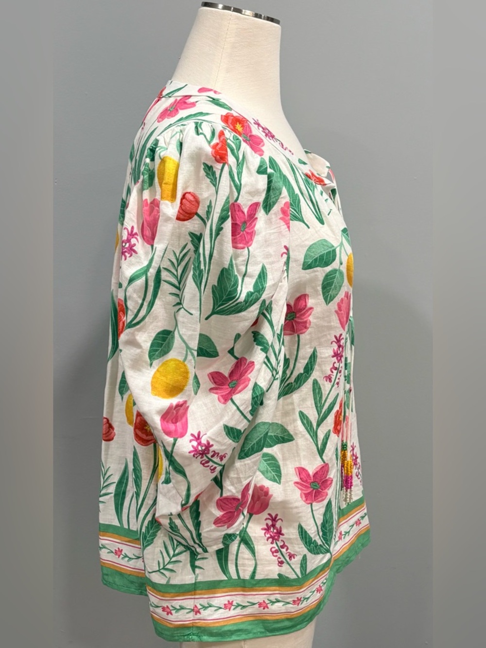 Rachel Zoe Linen Blend Pink Red and Yellow Lemons 3/4 Sleeve Tie Front Blouse XL - Picture 7 of 11